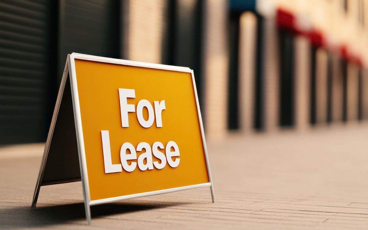 For Lease sign outside a row of commercial storefronts, representing tenant options like subleasing or assignment.