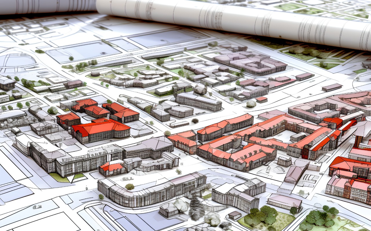Urban zoning map with red-roofed buildings, used to illustrate planning and permitting for commercial property tenants.