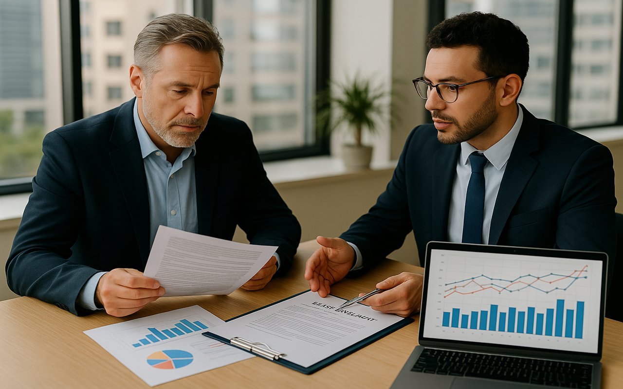 Landlord and broker reviewing market trends and lease analysis data.
