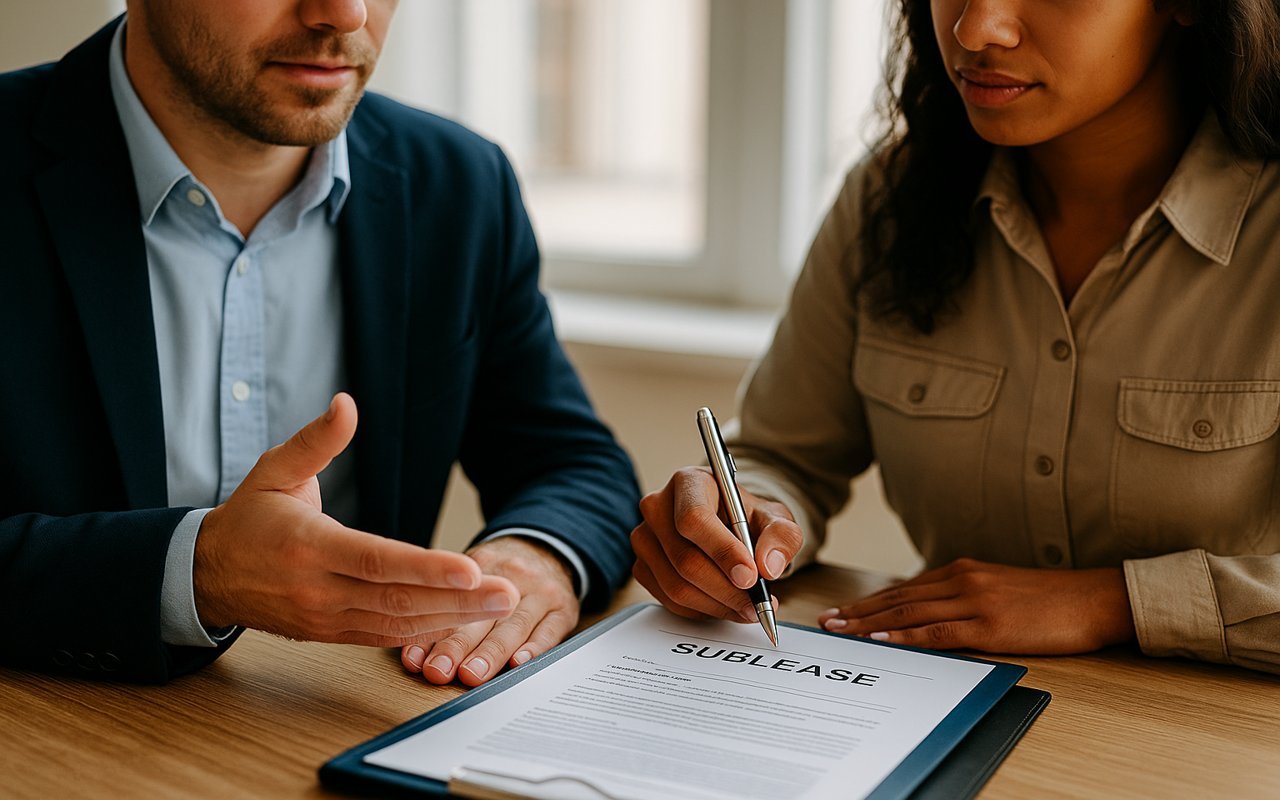 Tenant signing sublease agreement with landlord.