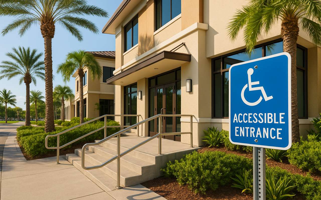 Accessible entrance to a Miami office building with a ramp, palm trees, and “Accessible Entrance” sign.