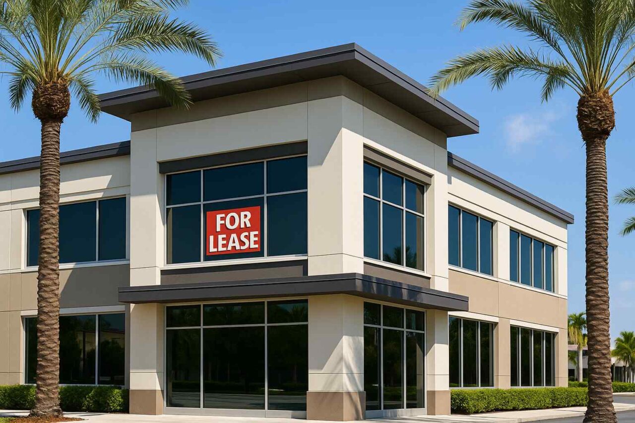 Miami office building with a “For Lease” sign in the window, palm trees and blue sky in the background
