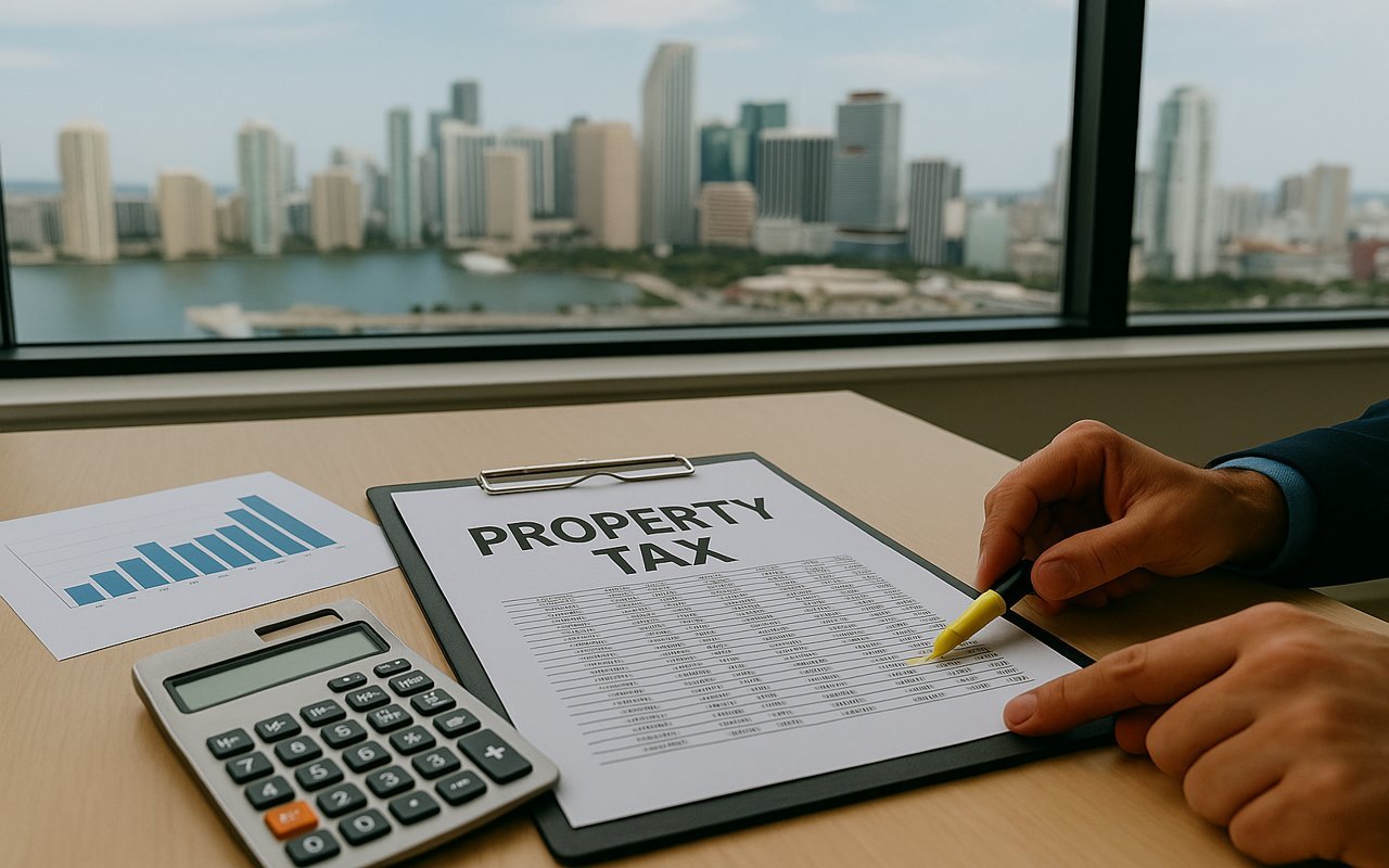 Hands review a property tax bill with a calculator and paperwork on a desk, overlooking a Miami office building.