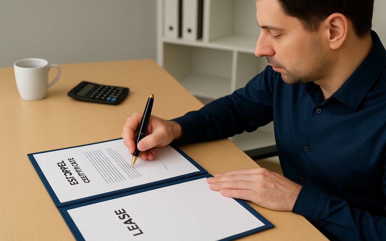 Tenant signing an estoppel certificate at a desk in a professional office.