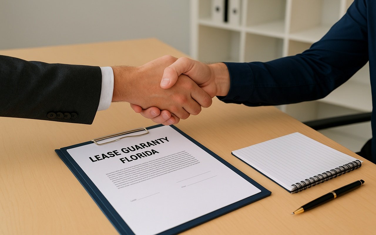 Two professionals shaking hands over a lease guaranty Florida document in an office.