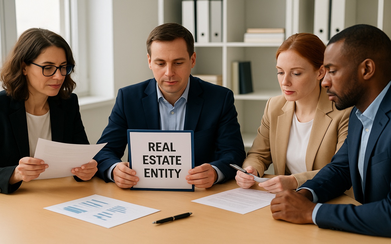 Four professionals meeting at a conference table reviewing a folder labeled “Real Estate Entity.”