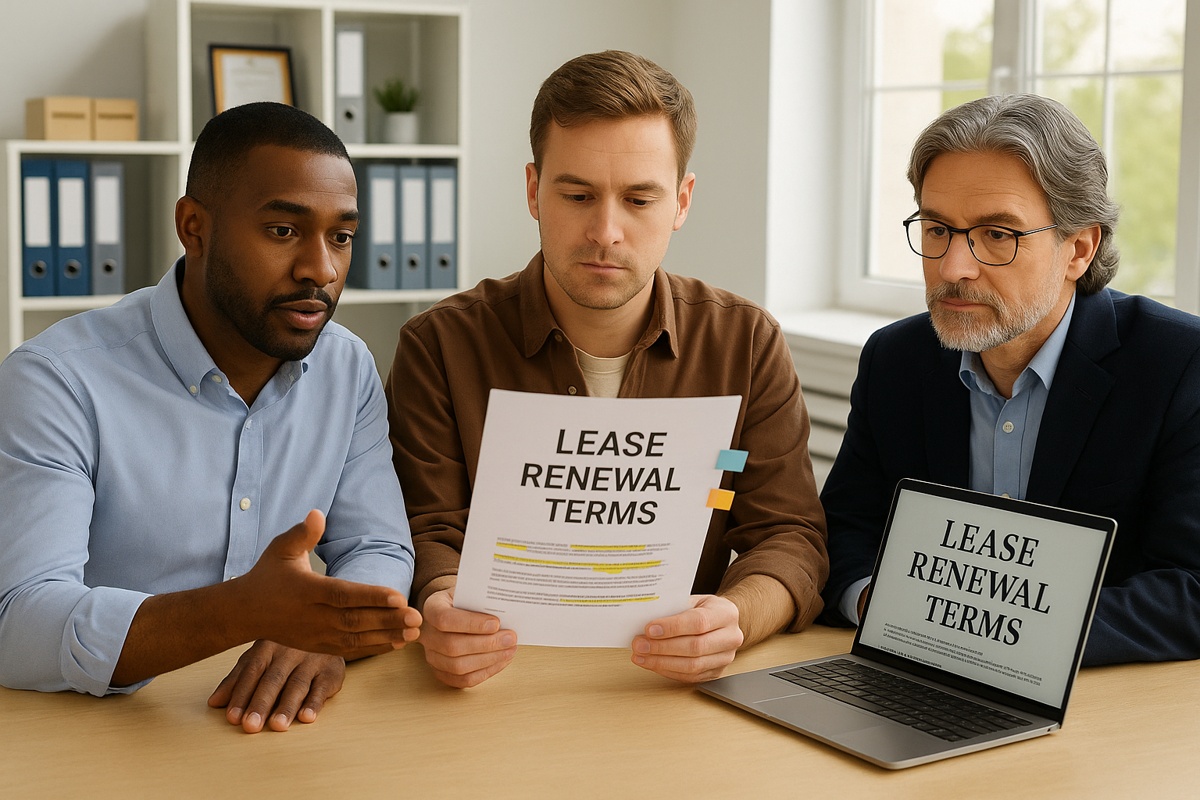 Three professionals reviewing a document titled “Lease Renewal Terms” during a meeting in a Florida office.