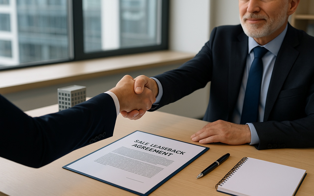 Two business professionals shaking hands across a conference table with a visible “Sale-Leaseback Agreement” document.
