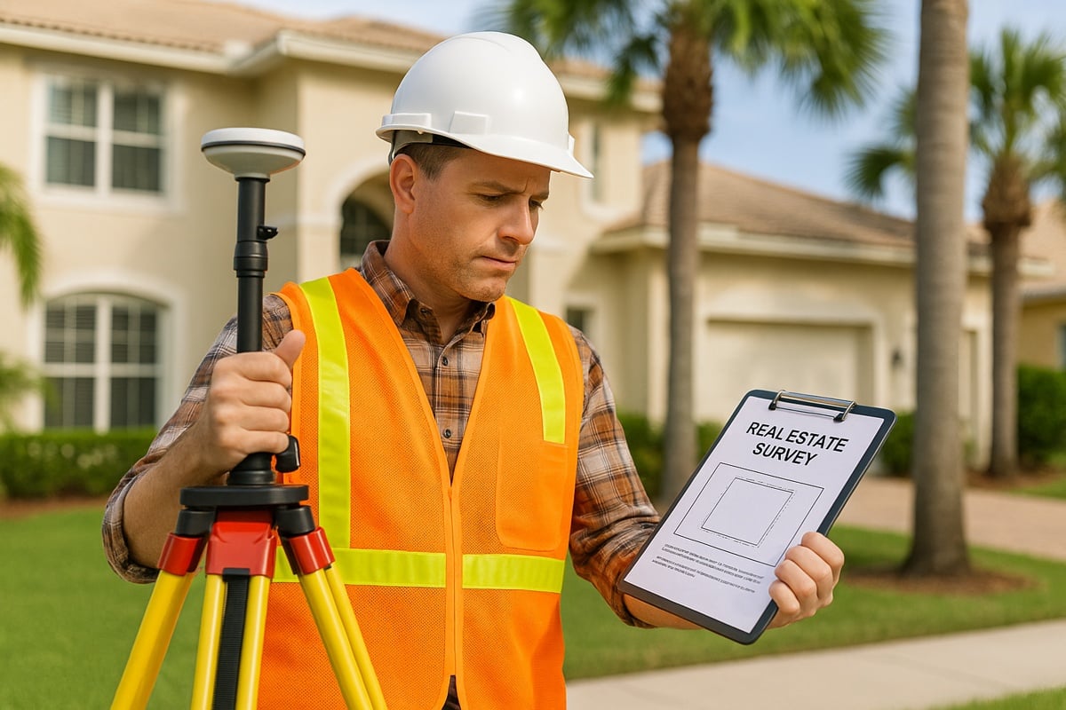 Licensed surveyor in Florida using a tripod-mounted GPS device while reviewing a “Real Estate Survey” document in front of a palm-lined residential property.