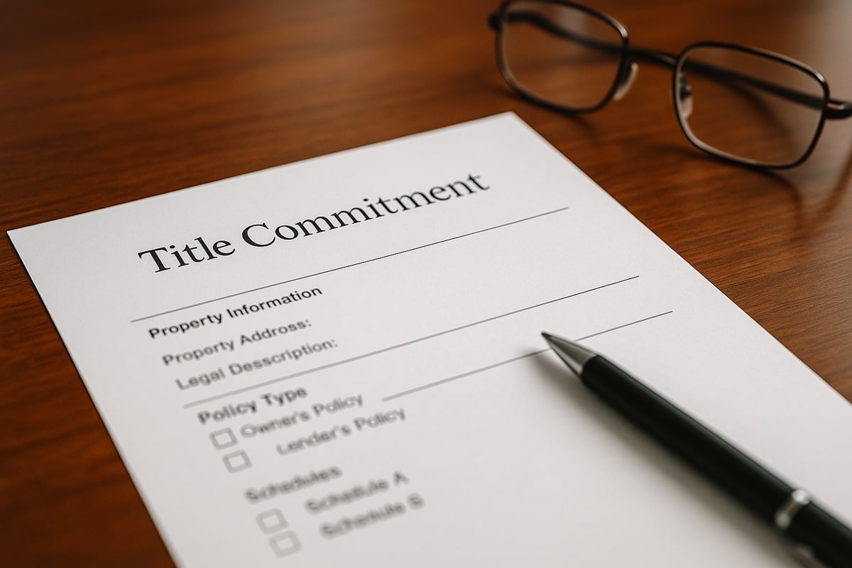 Close-up view of a printed “Title Commitment” document on a polished wooden desk, with a pen and reading glasses beside it, symbolizing detailed review in Florida real estate transactions.