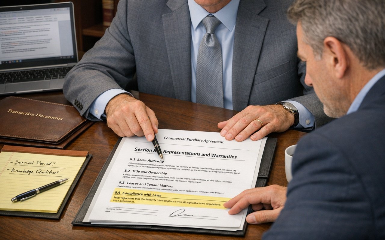 Commercial real estate attorney reviewing representations and warranties section of a purchase agreement with a client.